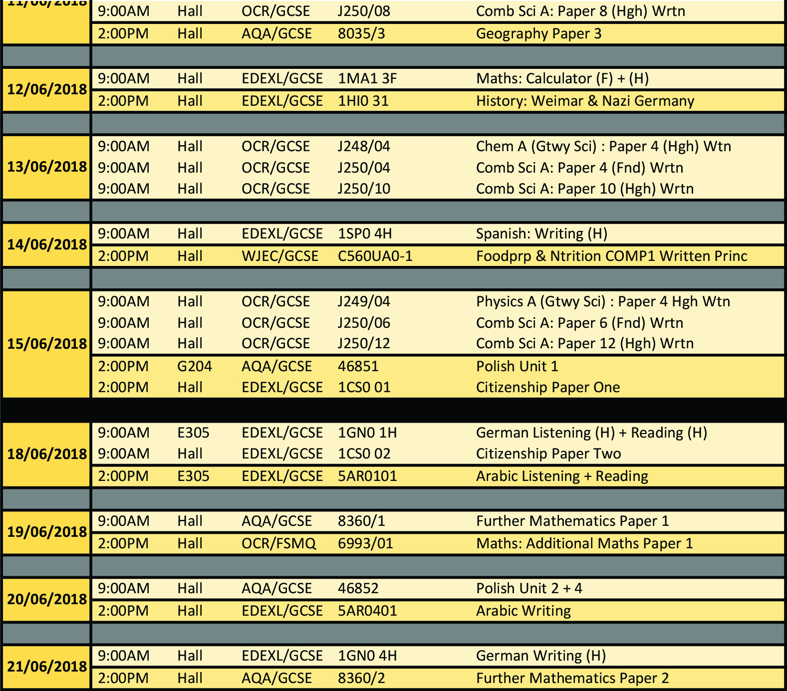 Ashcroft Technology Academy Exam Timetables